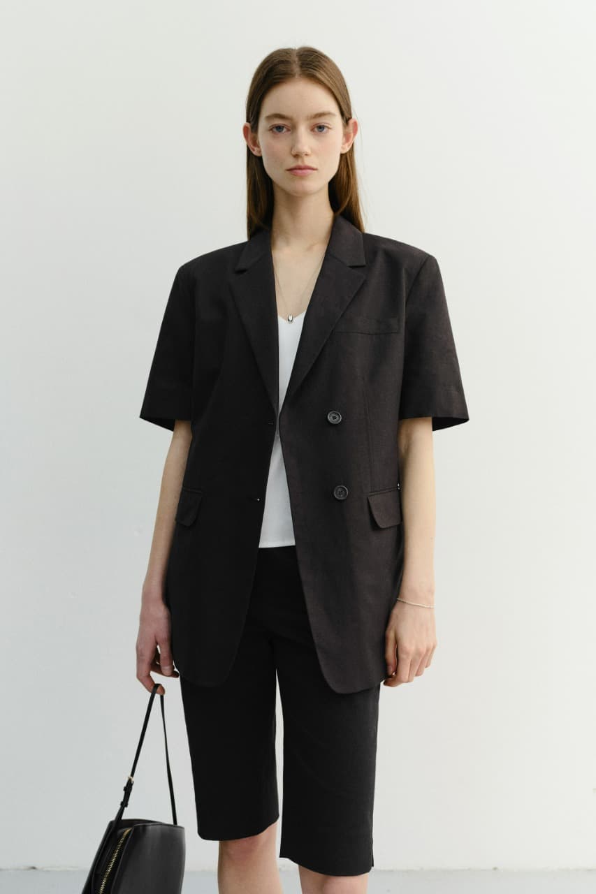 HALF SLEEVE BELTED LINEN JACKET BLACK_UDJA6B226BK
