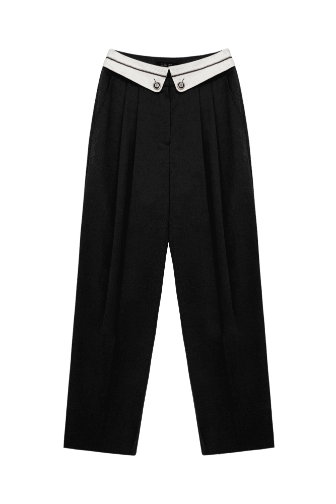 Contrast Waist Wide-Leg Pants (Black)