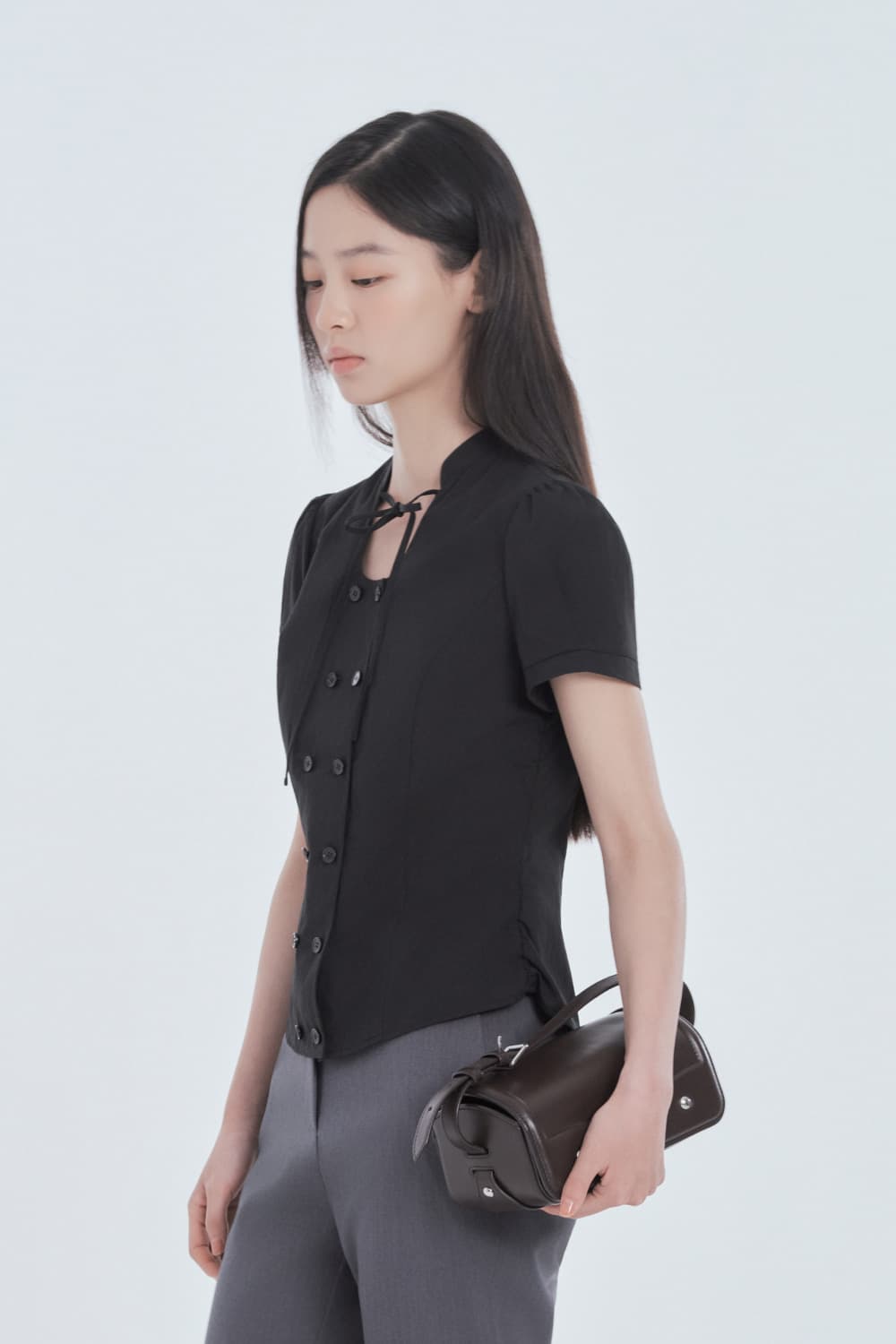 String Tie Double Button Blouse - Black