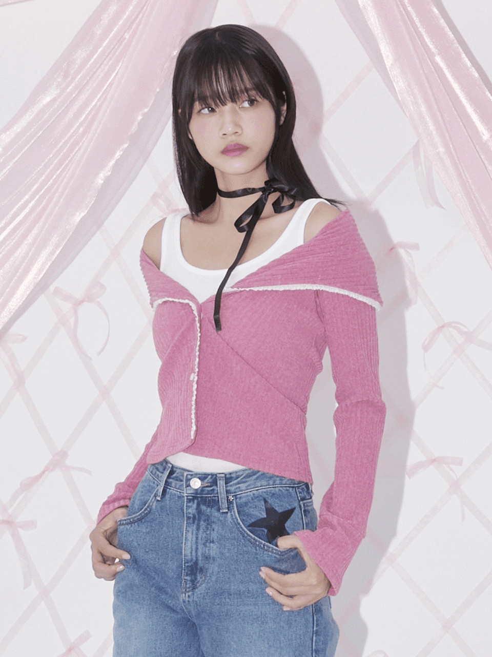 LACE OFF-SHOULDER CARDIGAN (PINK)