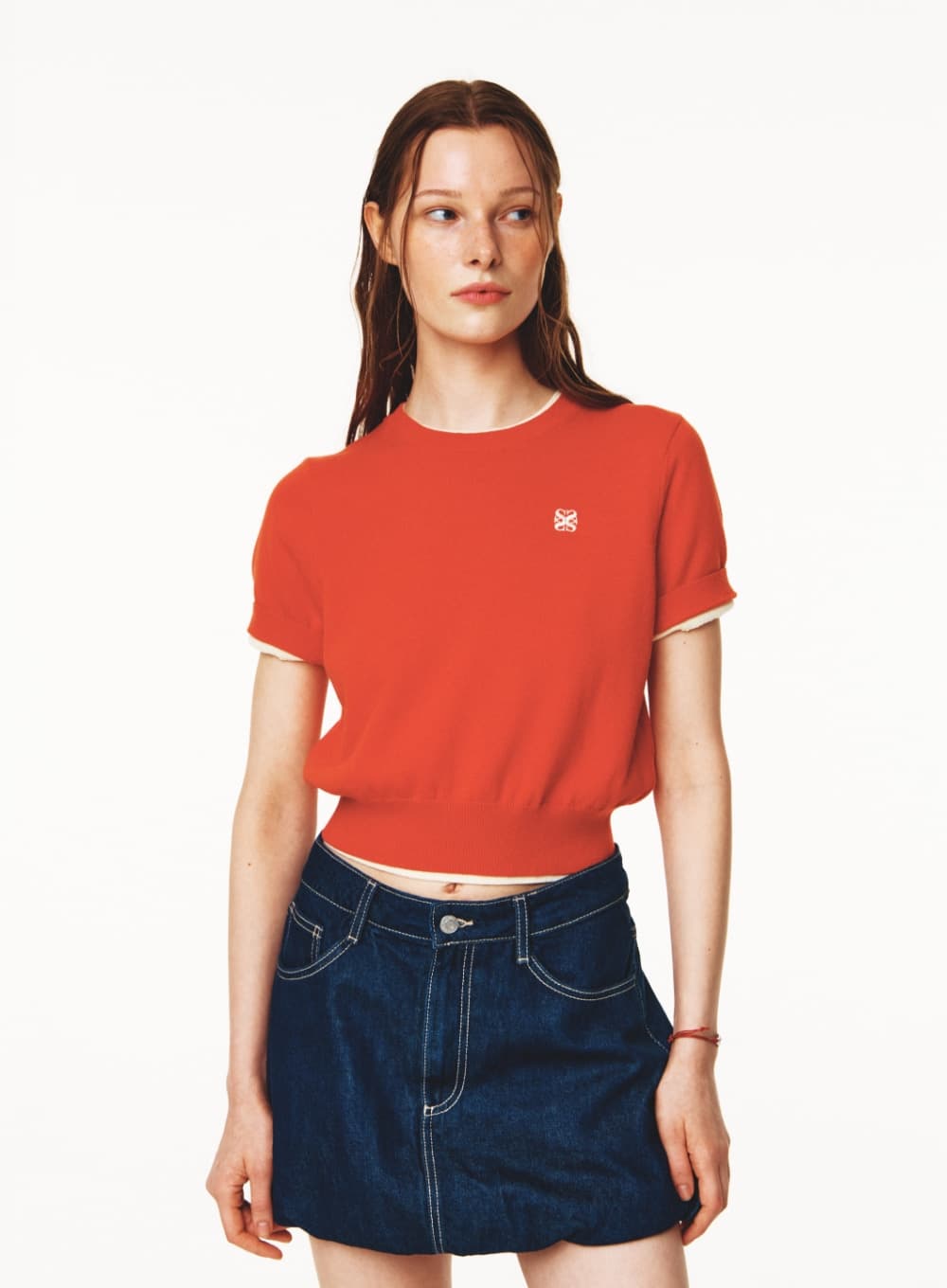 (W) Classic Crew Neck Half Knit - Red