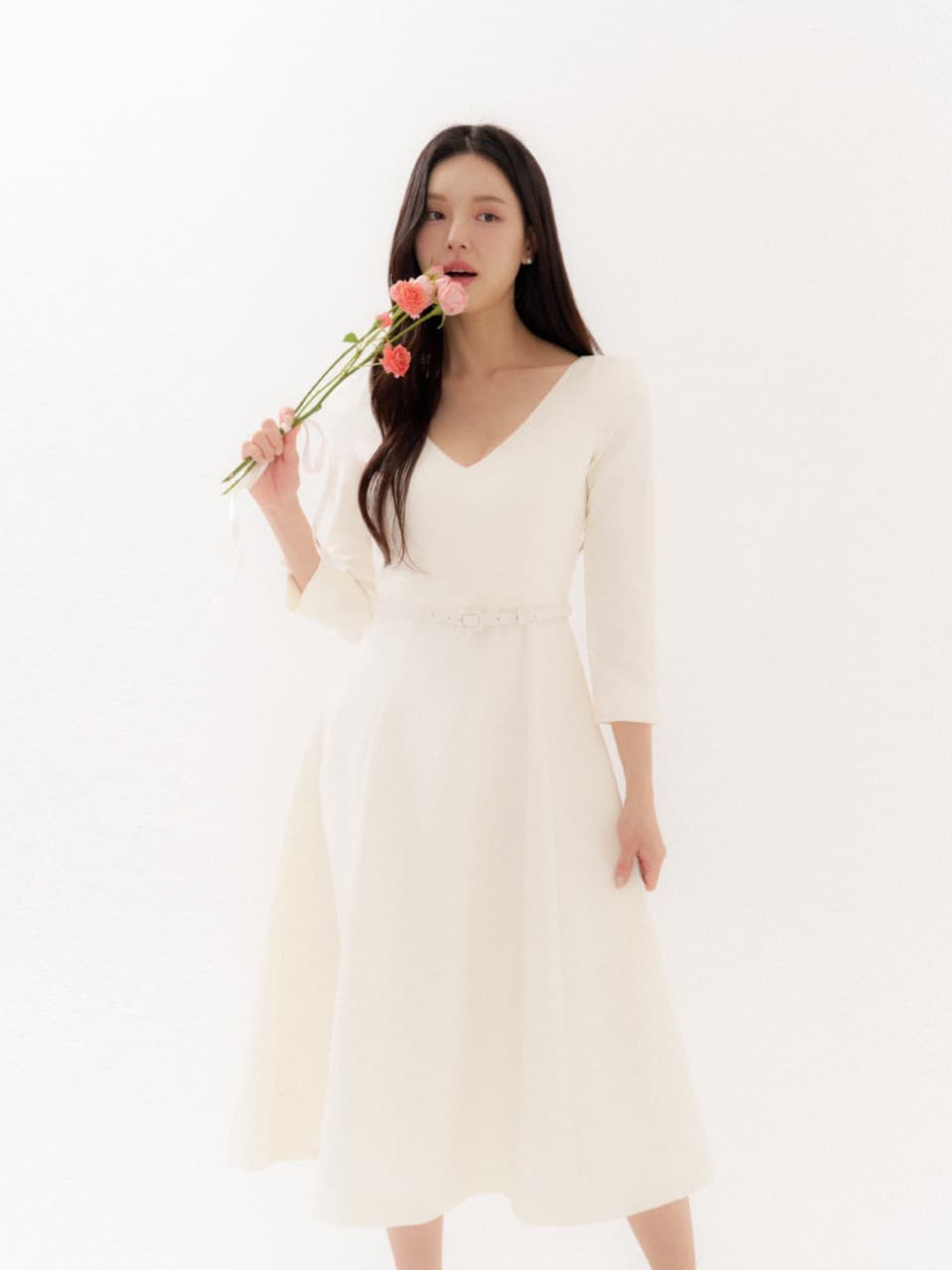 Deep V-neck Flare Dress/ Ivory