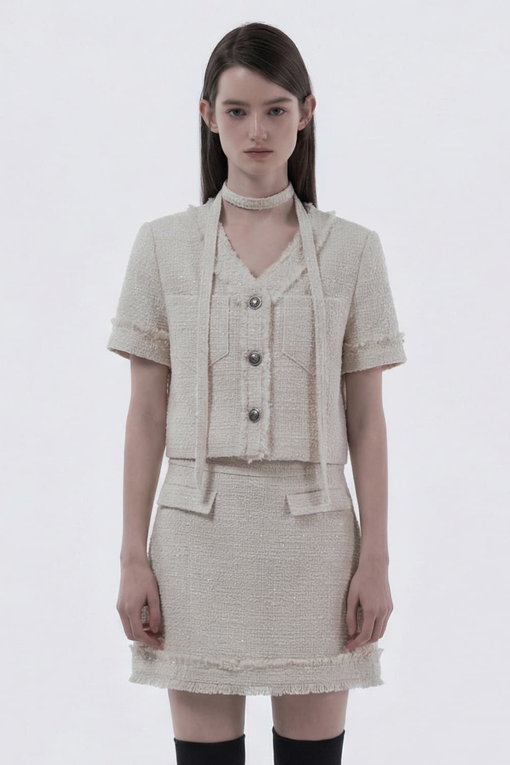 Fringed Tweed String Half-Sleeve Jacket - Tweed Ivory