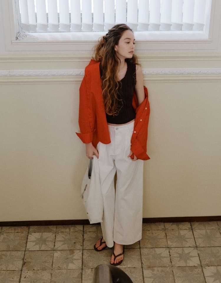 tuck wide denim pants - white