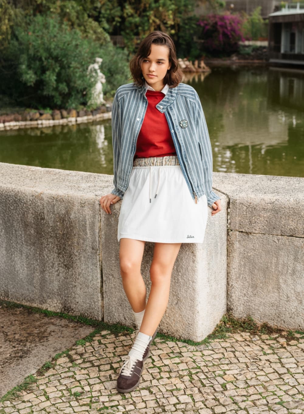 (W) Stripe Denim Harrington Jacket - Blue