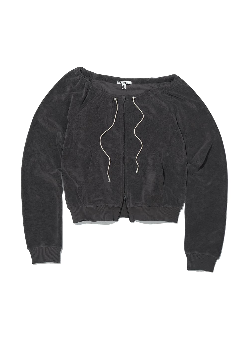 TERRY DRAWSTRING OFF-SHOULDER ZIP-UP TOP_CHARCOAL