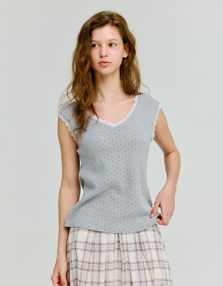 v-neck lace trim sleeveless top - melange grey