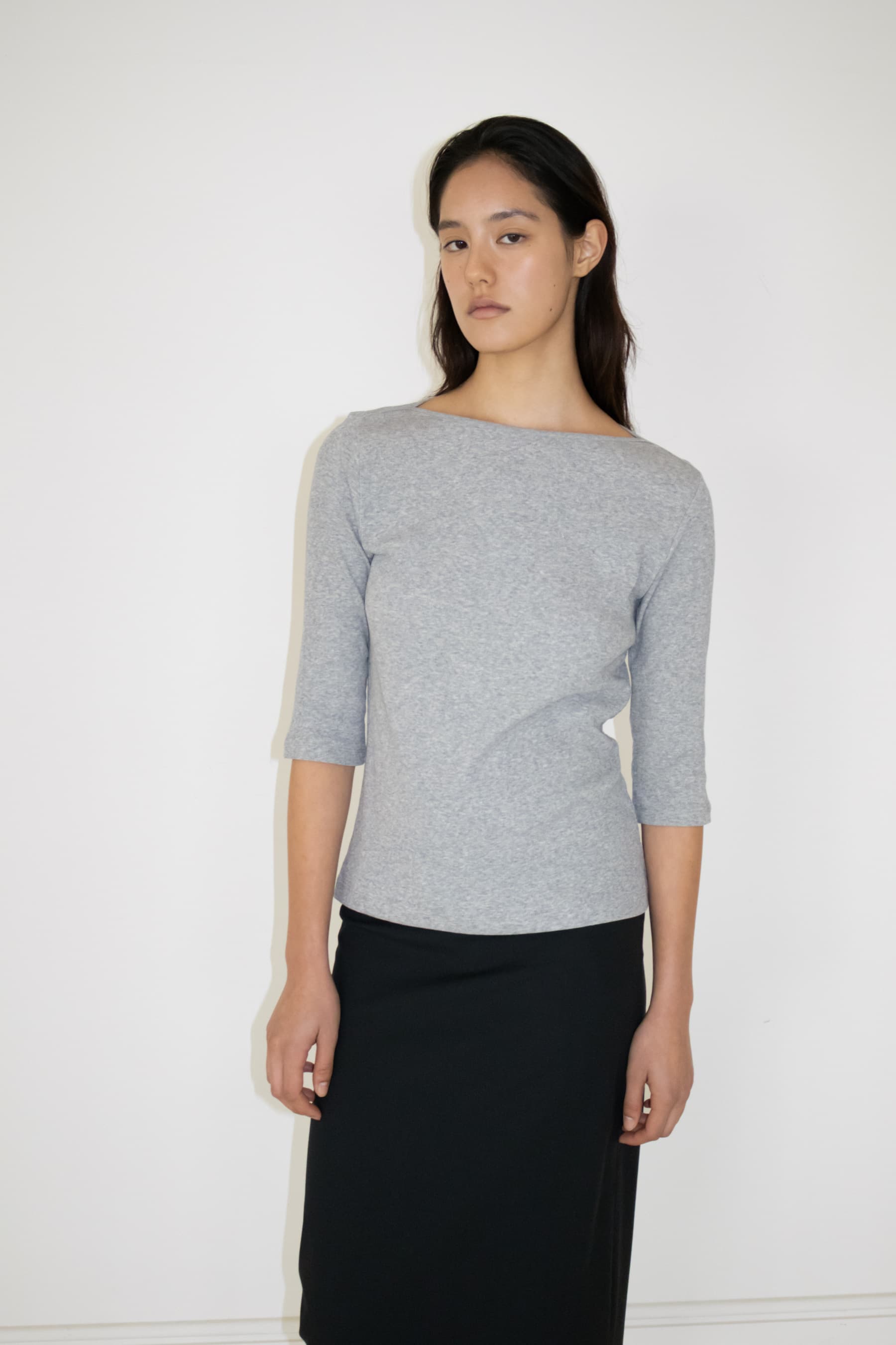 Ribbed Boat Neck Half Sleeve Top (Grey)