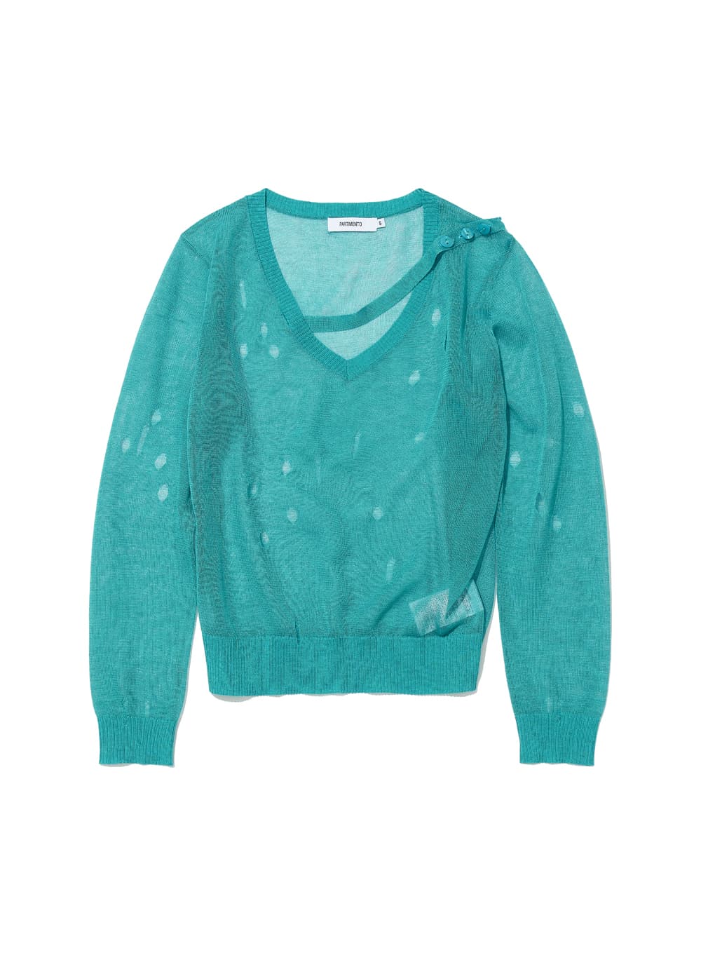 SHEER DISTRESSED V-NECK KNIT TOP_EMERALD