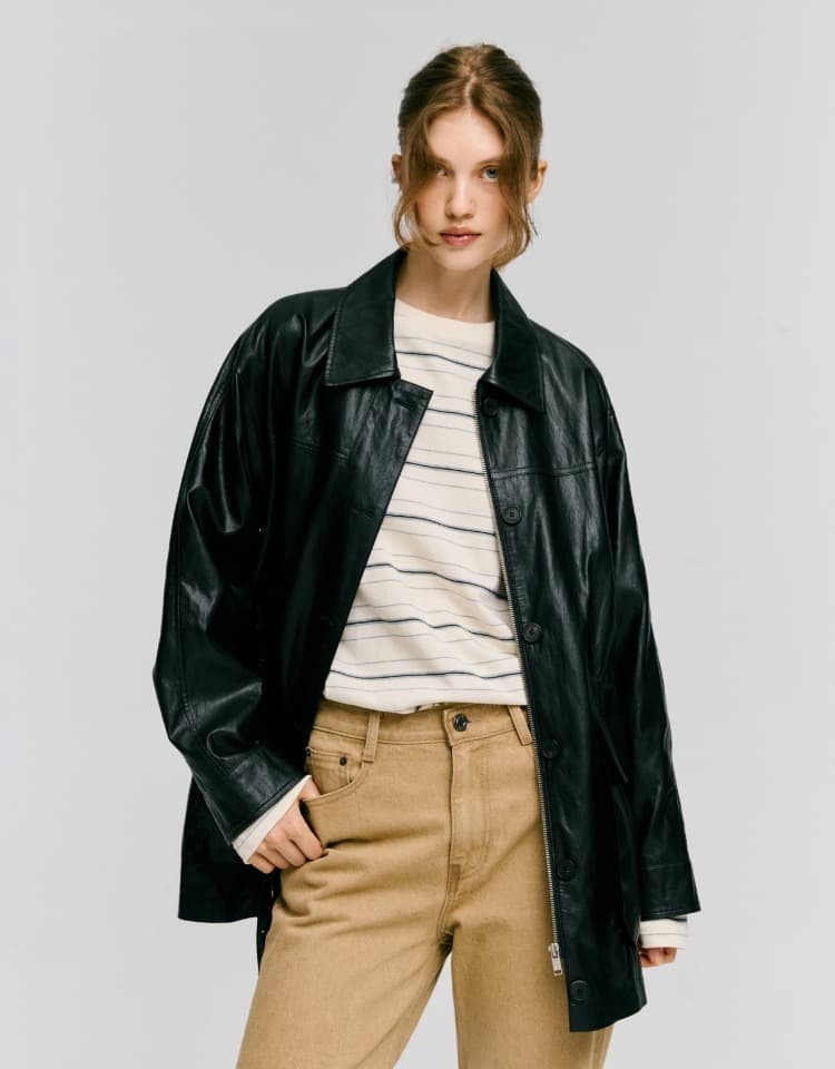 leather utility half jacket - black