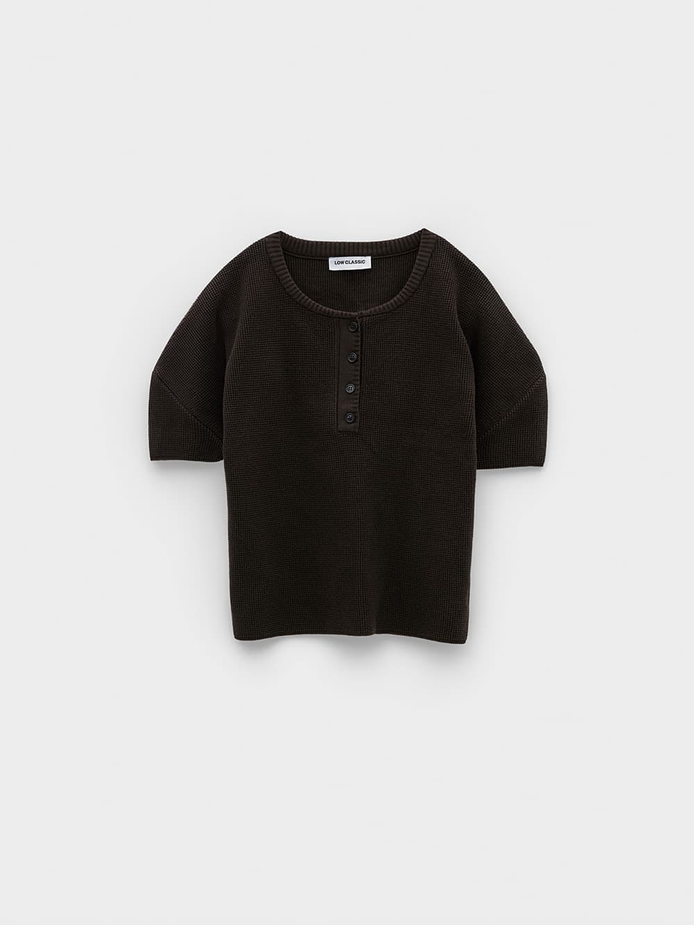 Puff Sleeve Henry Neck Knit Top_Brown