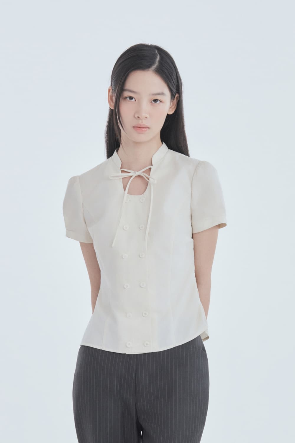 String Tie Double Button Blouse - Cream
