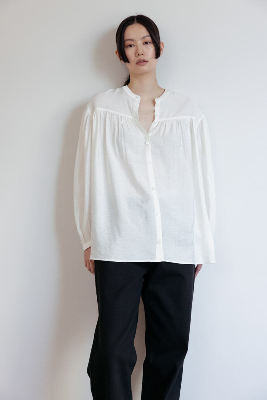 Two-Button Shirred Blouse (Ivory)