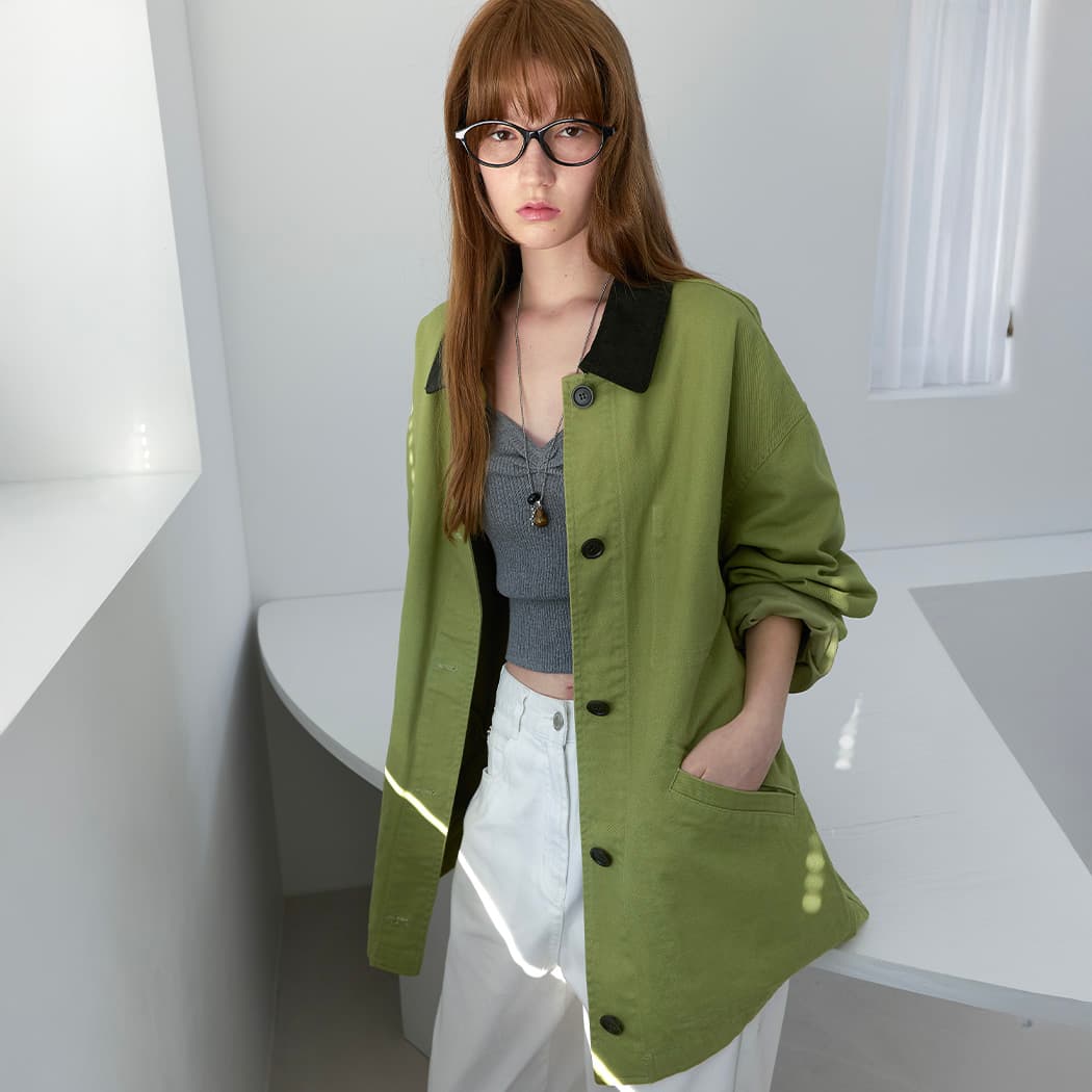 (CT-1478)STITCH COUDUROY COLLAR OLIVE JACKET
