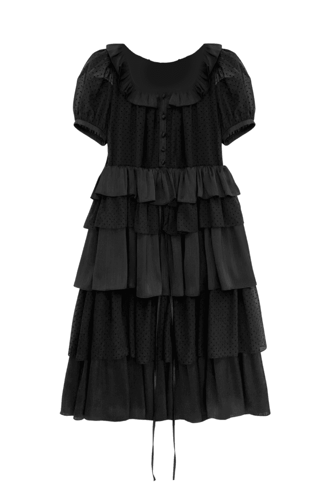 Midnight Ruffle Puff Tiered Dress (Black)
