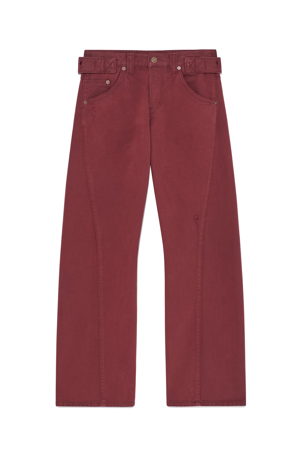 WAIST BUCKLE CURVED DYING DENIM PANTS IN RED
