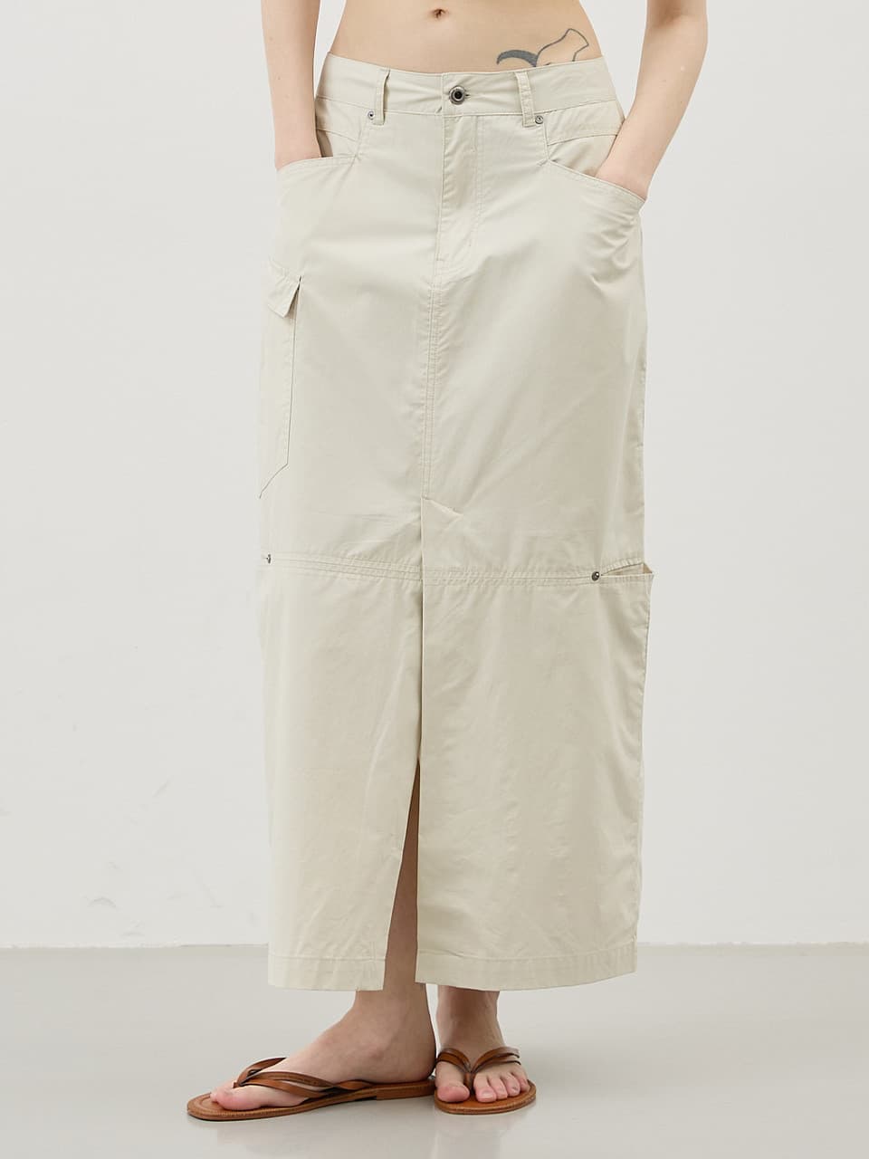코튼 포켓 롱 스커트_LIGHT GREY