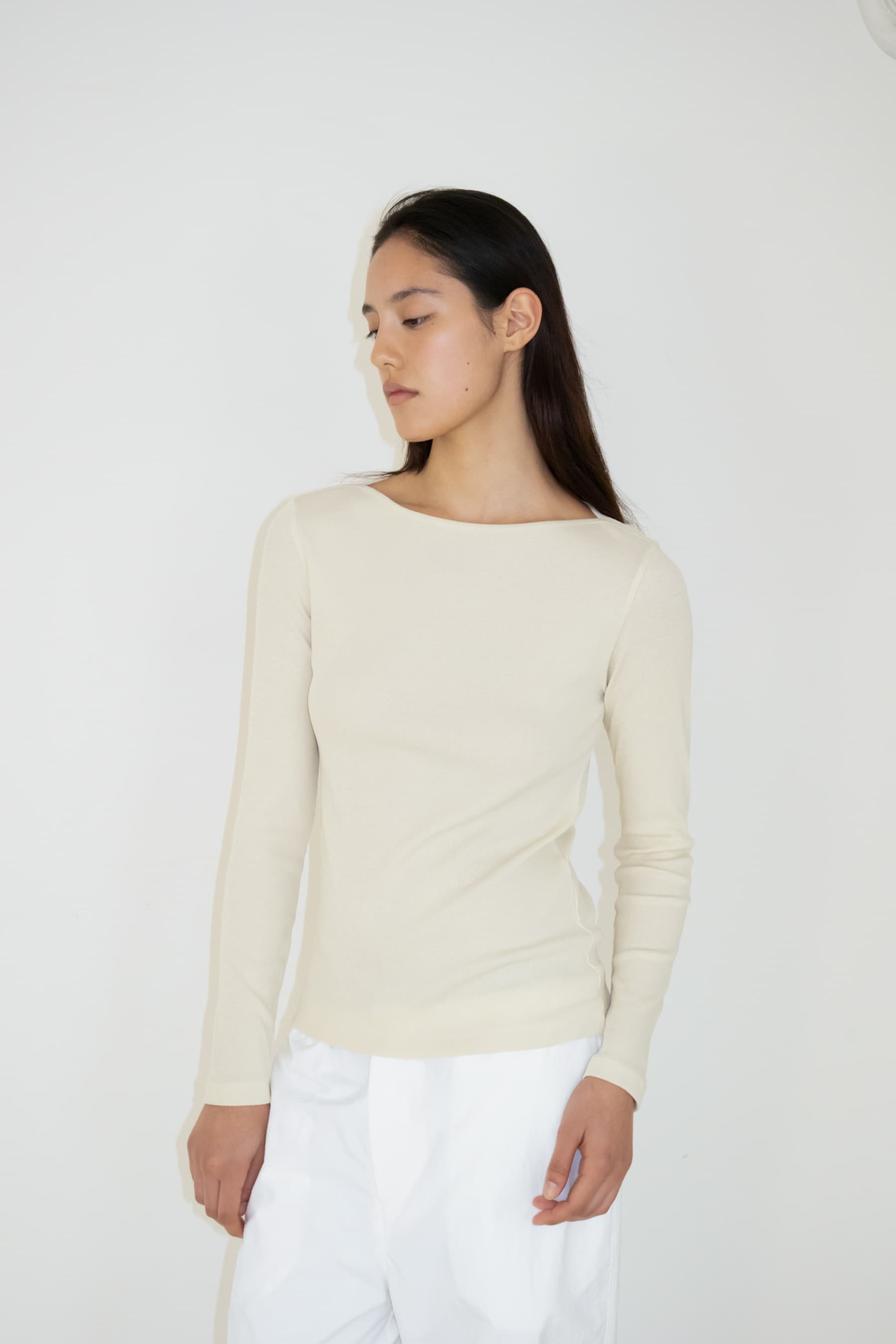 Slim Ribbed Boat Neck Top (Cream)