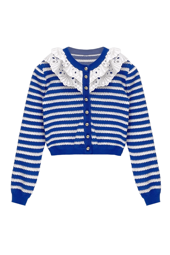 Ruffle Collar Stripe Cardigan (Blue)
