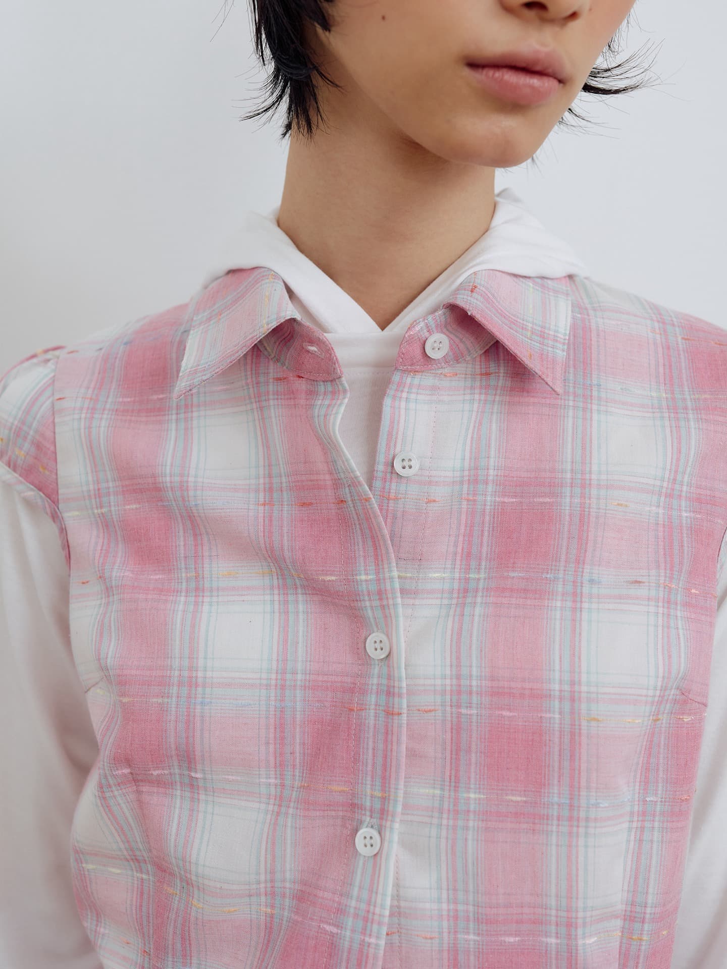 CHECK CAP SLEEVE SHIRT_PINK