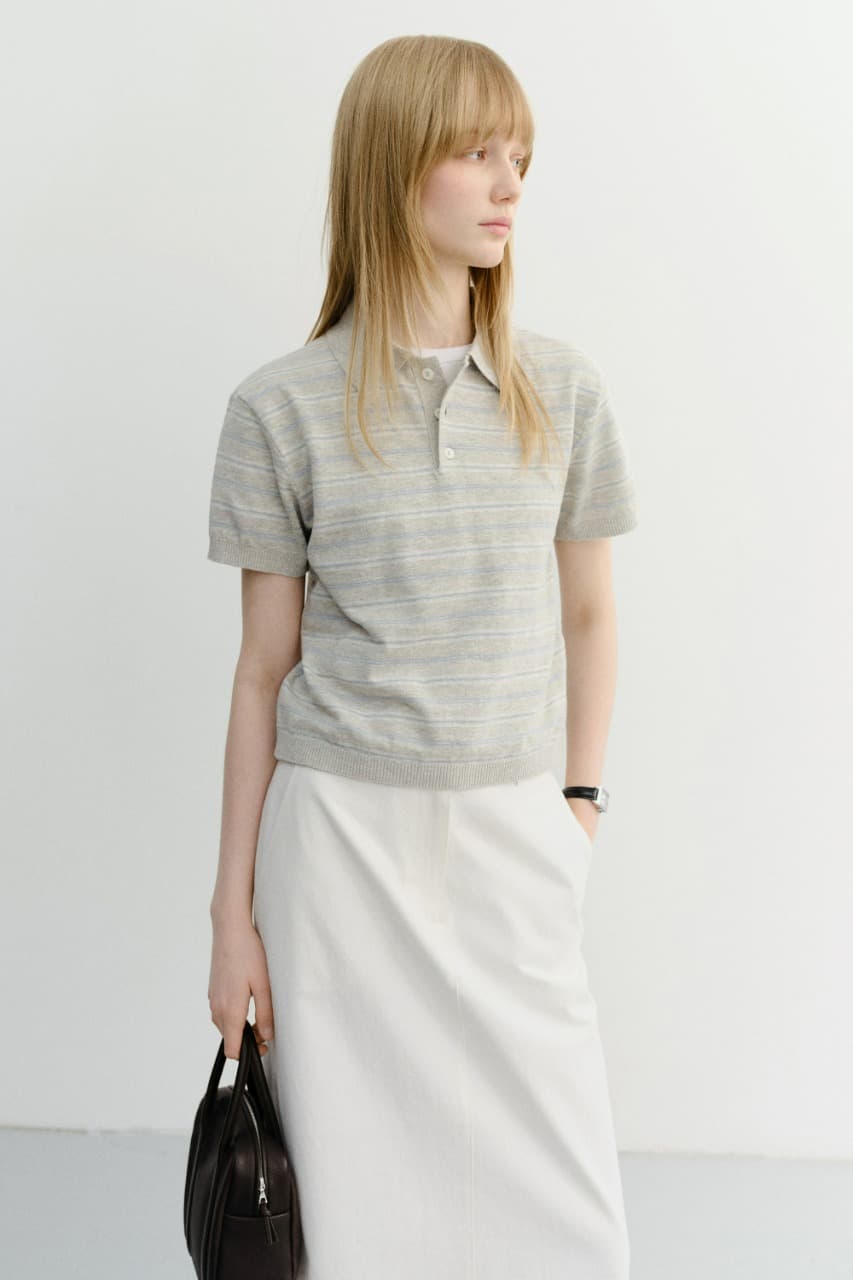 UNISEX STRIPED POLO KNIT GREY SOFT BLUE_UDSW6B127G2