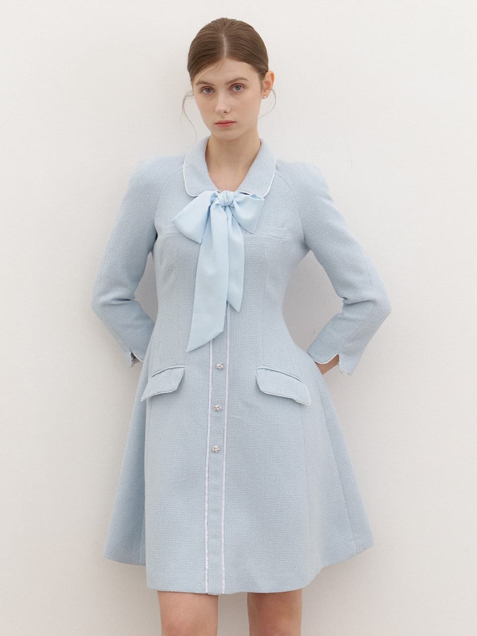 Tweed Chiffon-Trim Midi Dress / Blue(3Color)