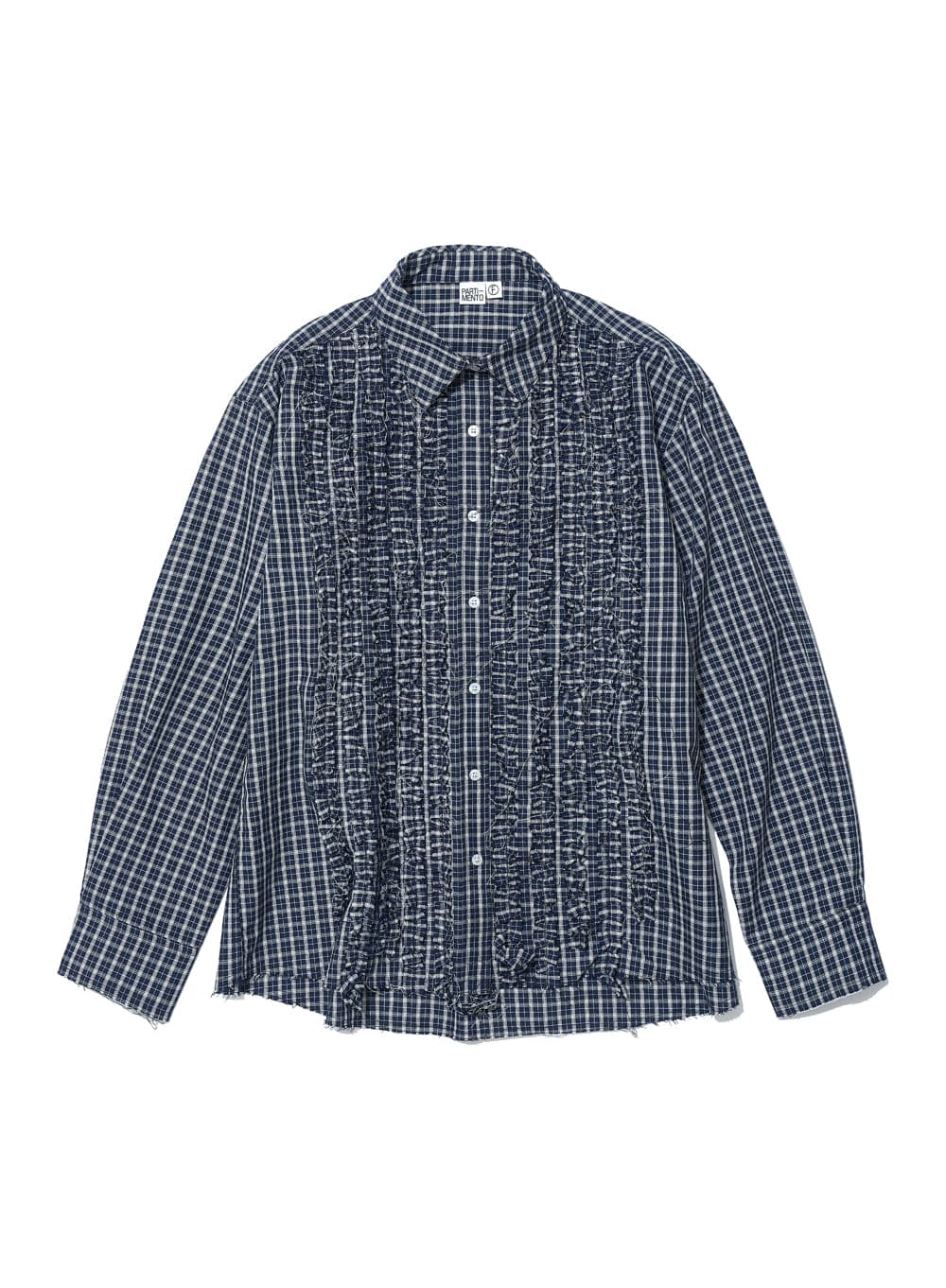CUT-OFF FRILL TRIM SHIRT_NAVY CHECK