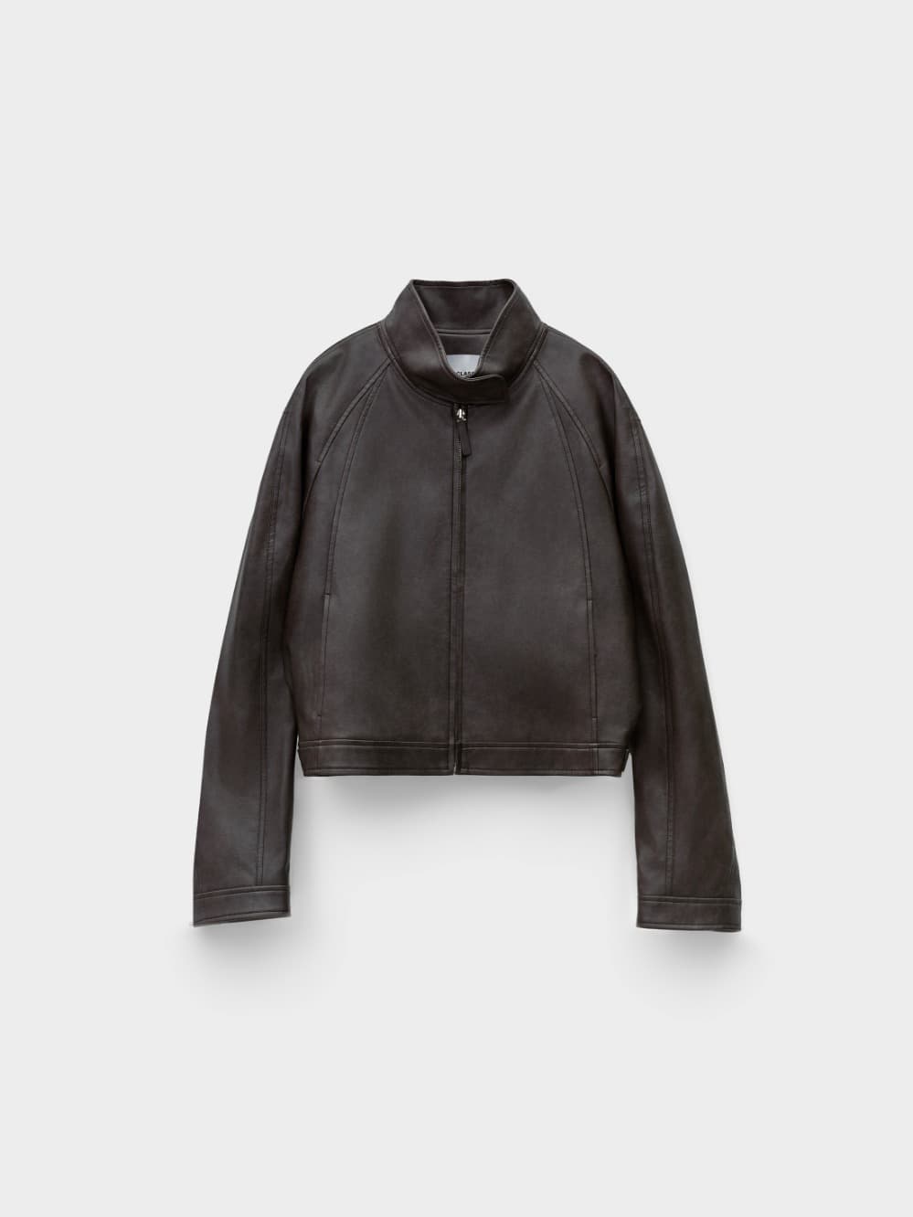 Stand Collar Artificial Leather Jumper_Brown
