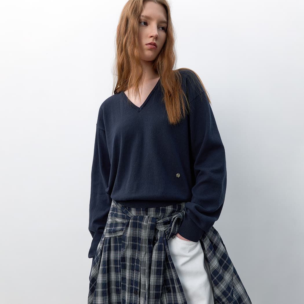 (T-7192)COTTON&WOOL OVERFIT V-NECK KNIT