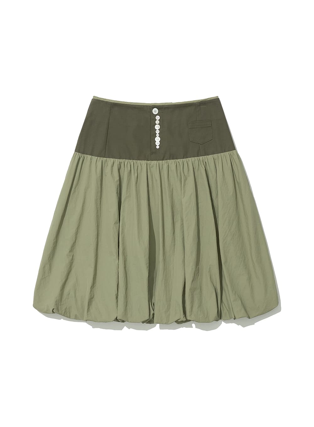 BUTTON POINTED PUFF MIDI SKIRT_KHAKI GREEN
