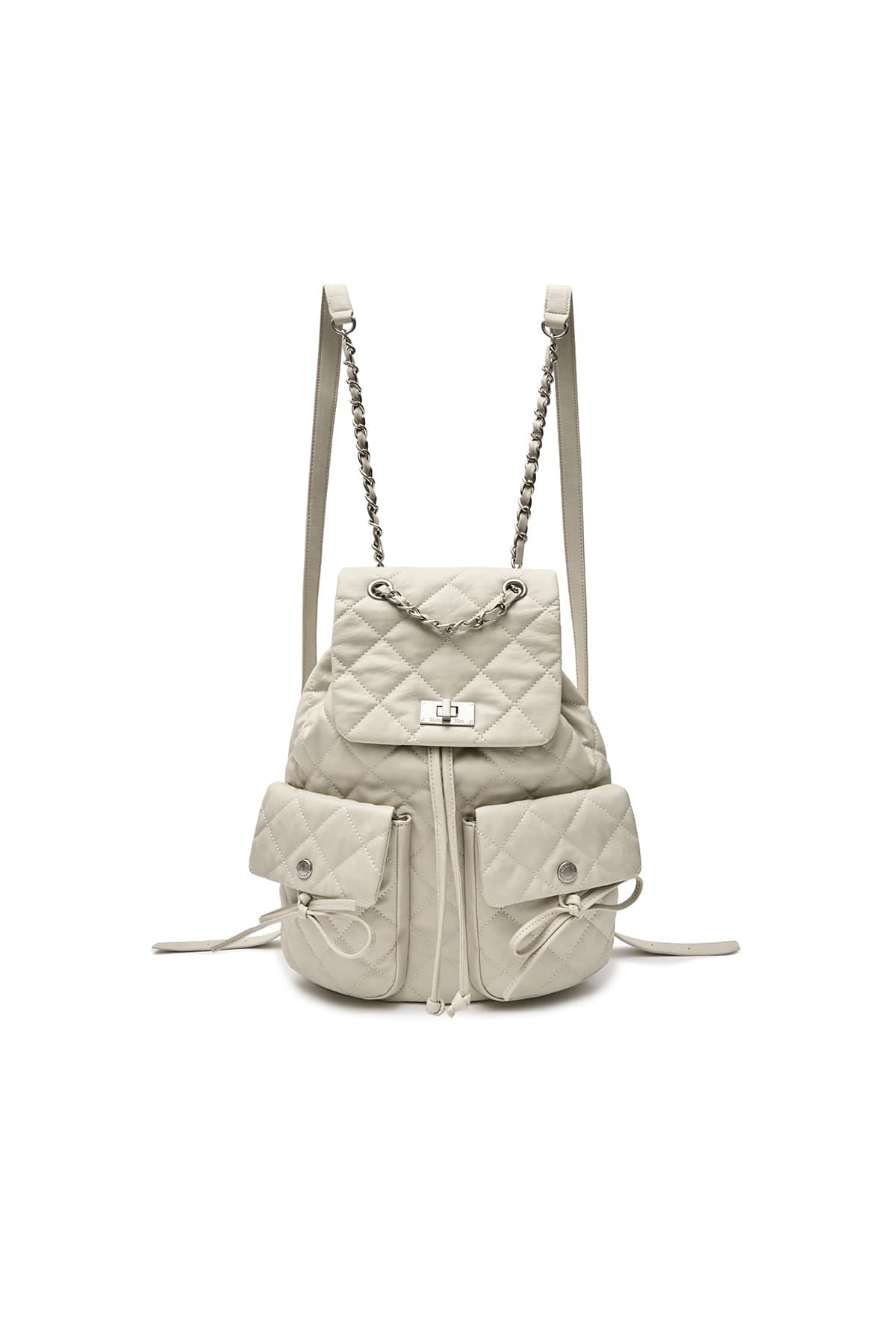 DOUBLE POCKET QUILTING BACKPACK IN LIGHT BEIGE