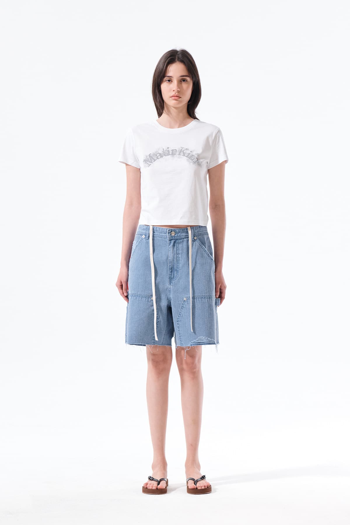 HERINGBONE RAW CUT DENIM SHORTS IN LIGHT BLUE