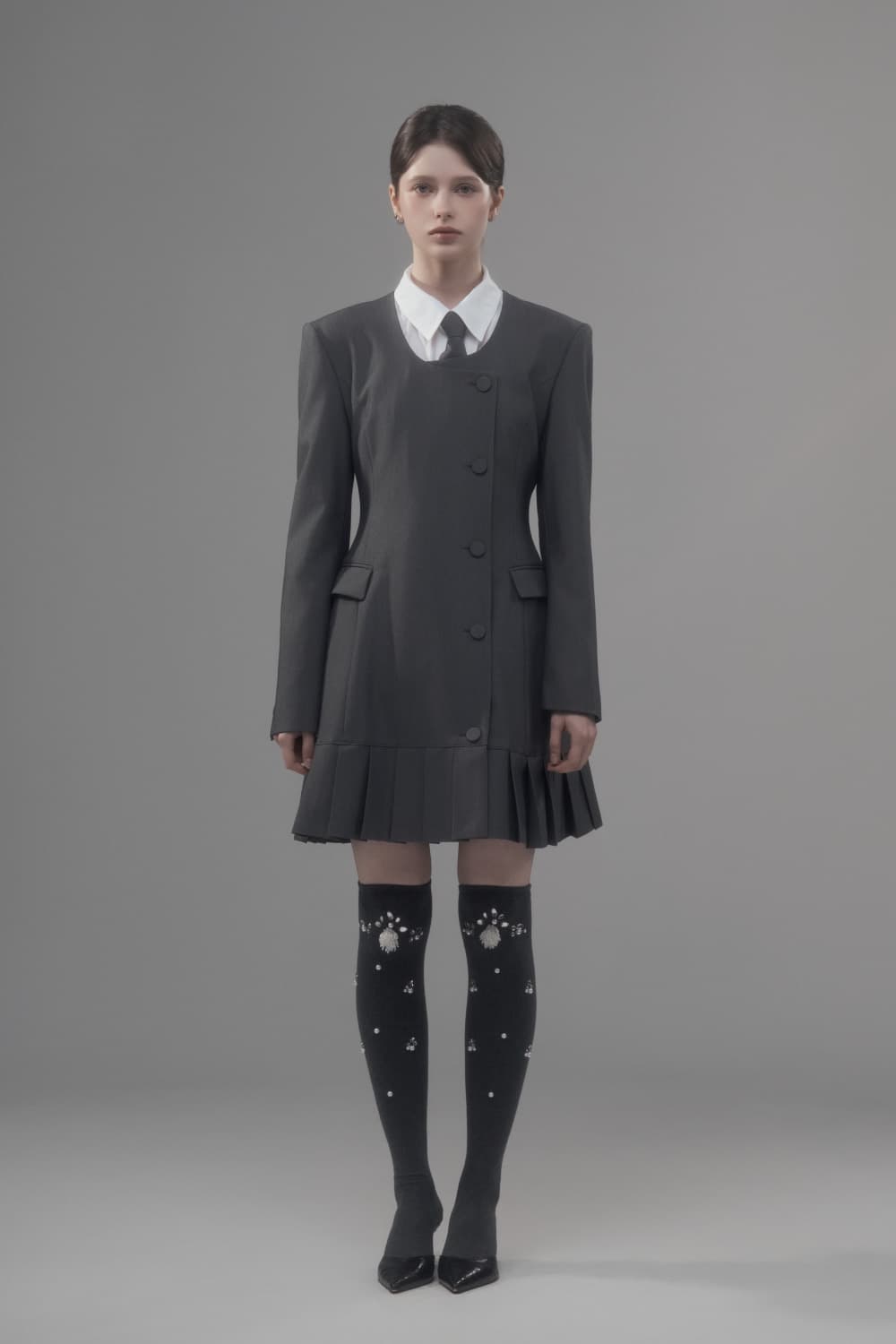Jenn Round Neck Pleated Suit Jacket Dress - Grey