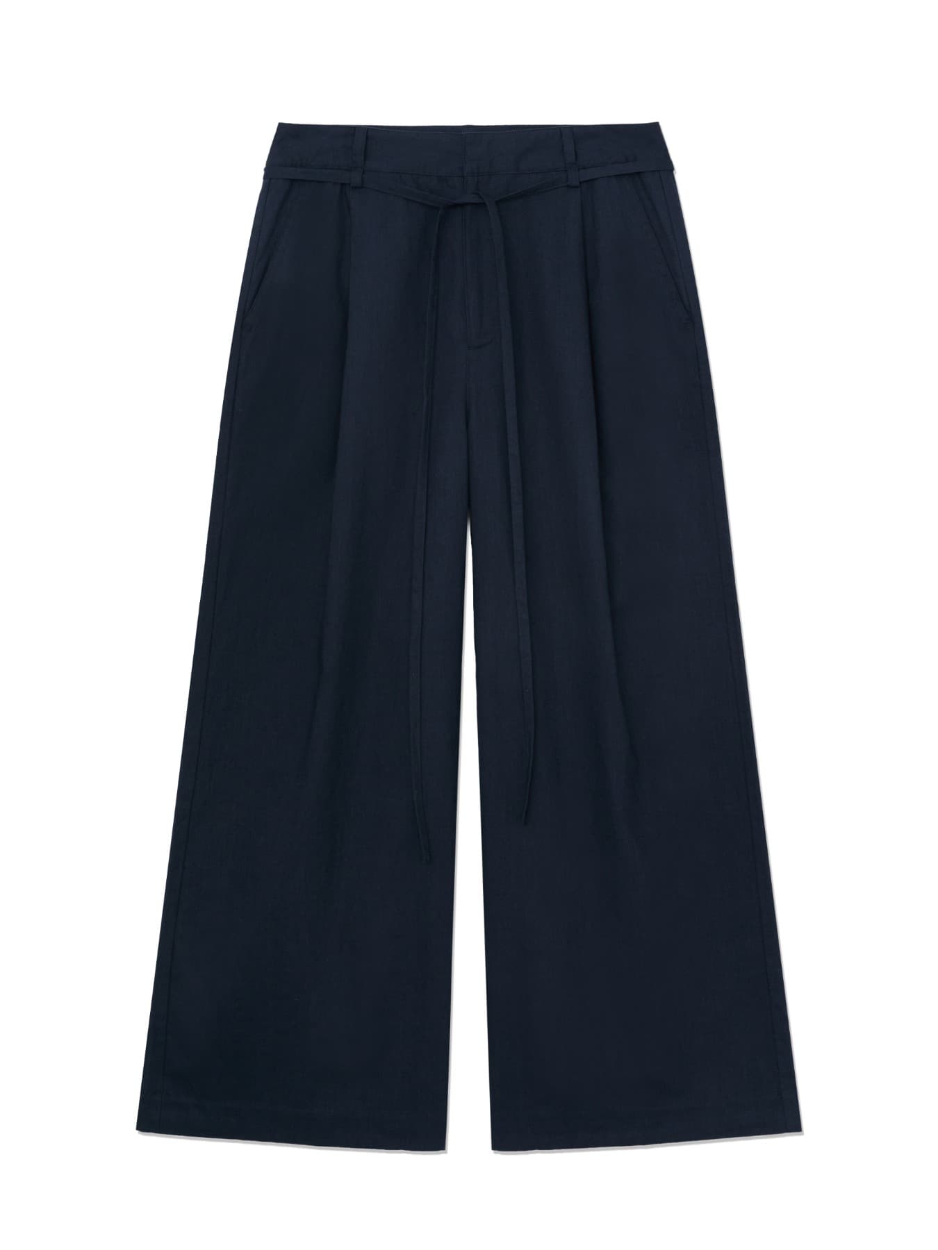 G BELTED LINEN WIDE PANTS (NAVY)