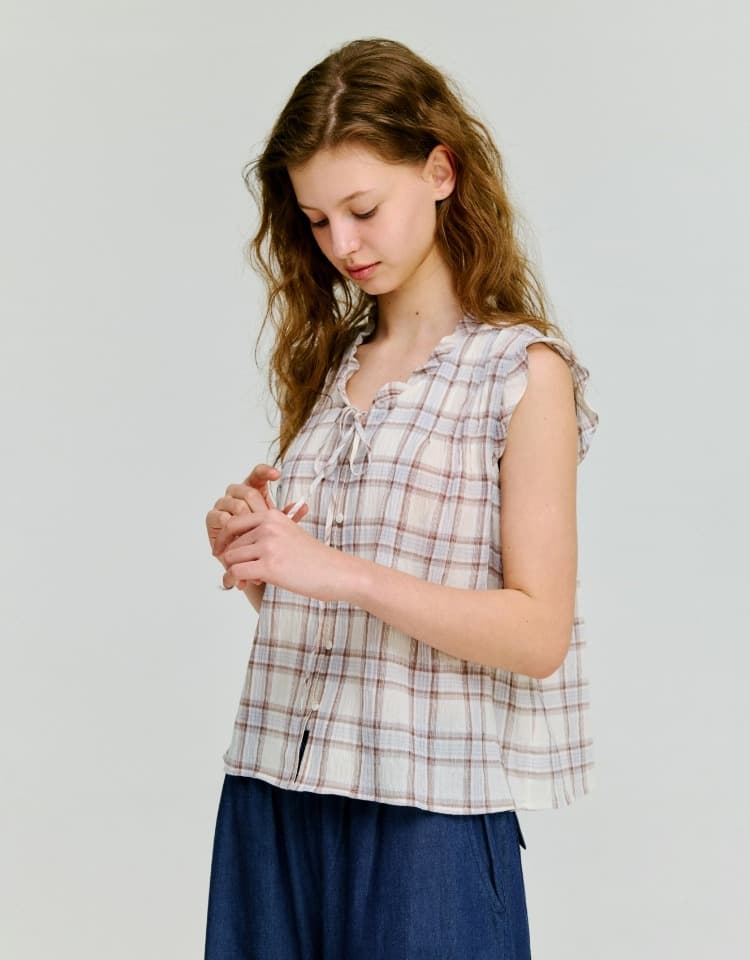 frill-neck pintuck sleeveless blouse - beige