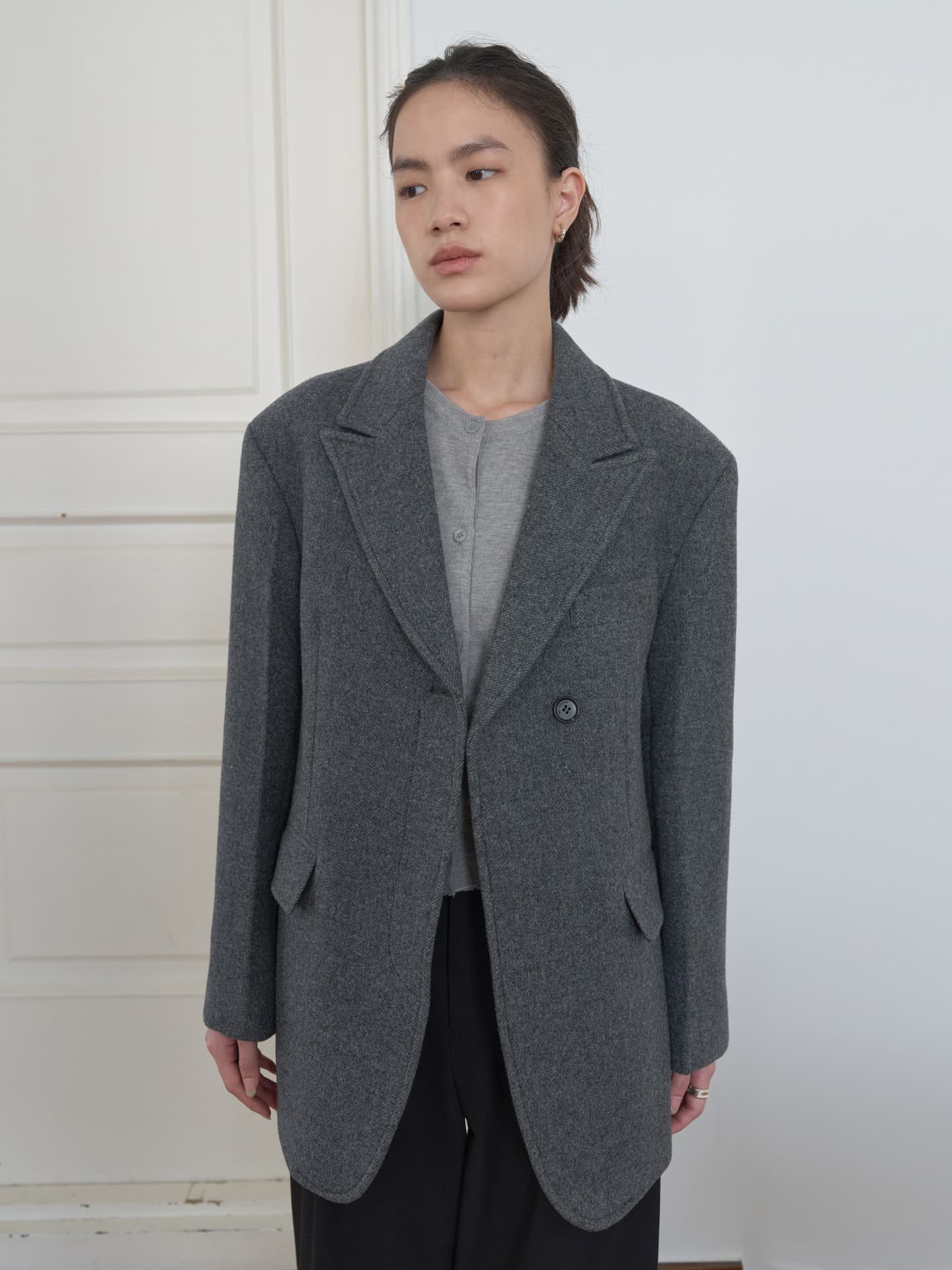 WOOL DOUBLE HALF COAT_GREY HERRINGBONE