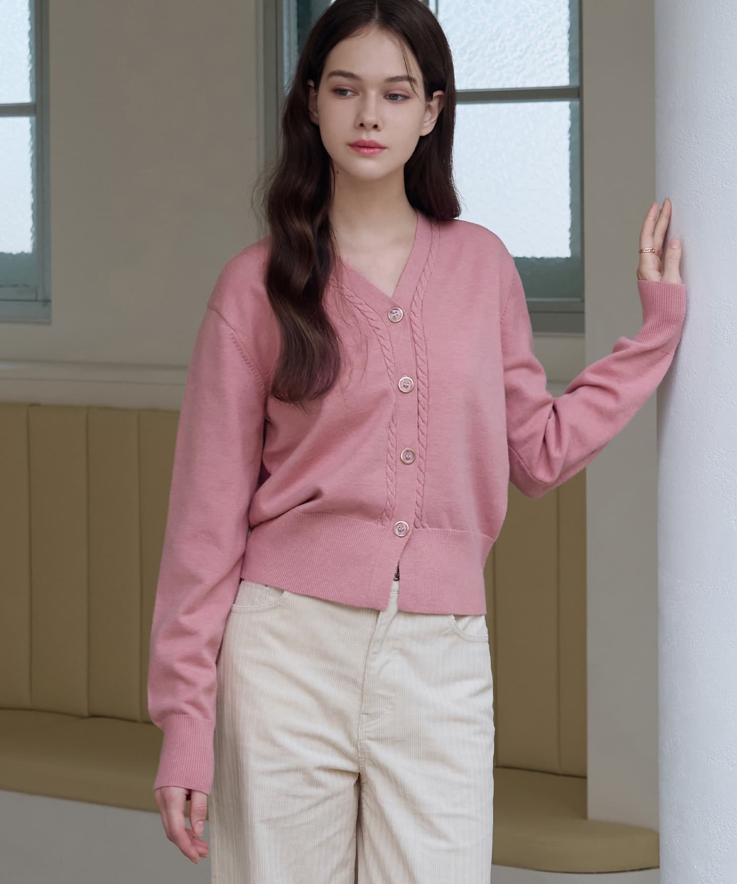 미니멀 케이블 브이넥 가디건 [PINK]