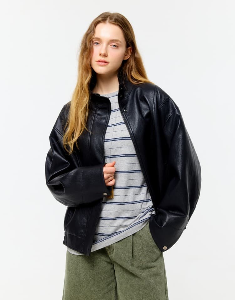 high neck leather blouson jacket - black