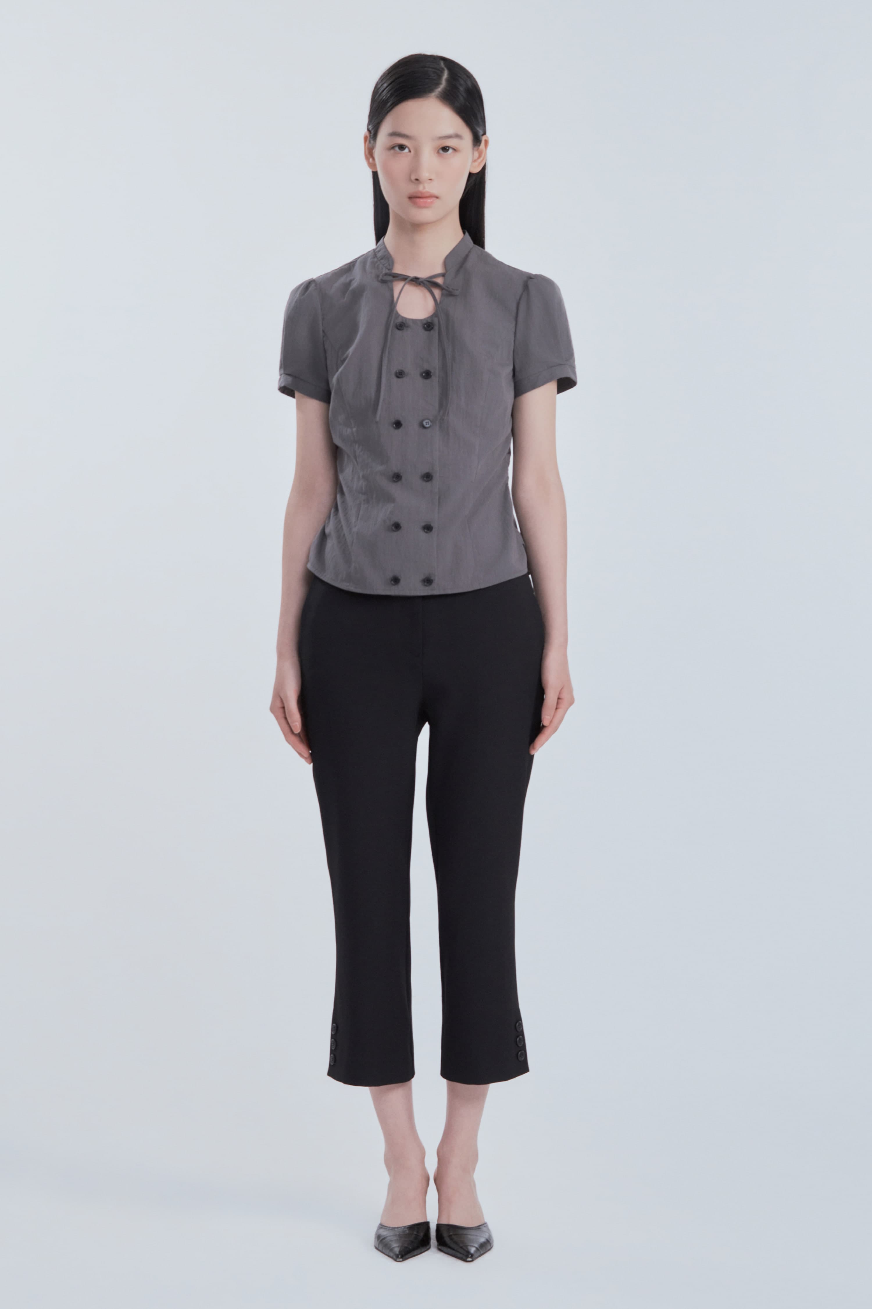 Emma Side Slit Button Capri Pants - Black