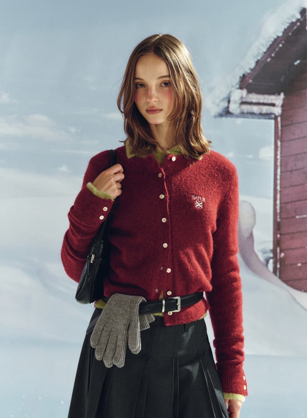 (W) Loren Wool Blend Crew Neck Knit Cardigan - Red