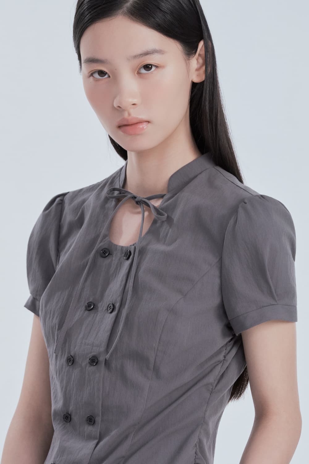 String Tie Double Button Blouse - Grey