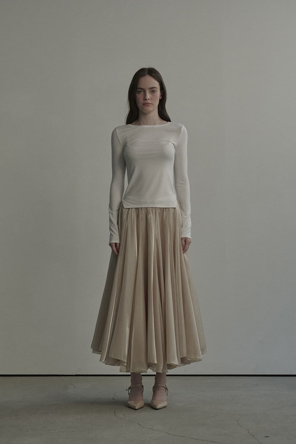 Nerina Sheer Long Flare Skirt - Cream