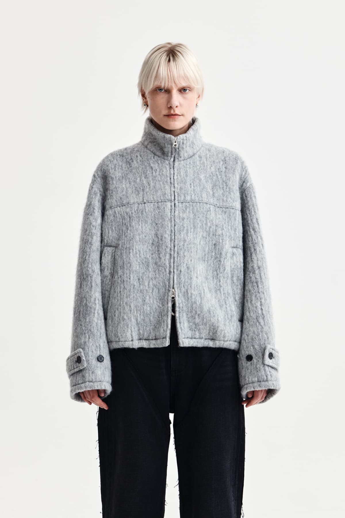 HAIRY HIGH NECK ZIP UP JUMPER IN LIGHT GREY