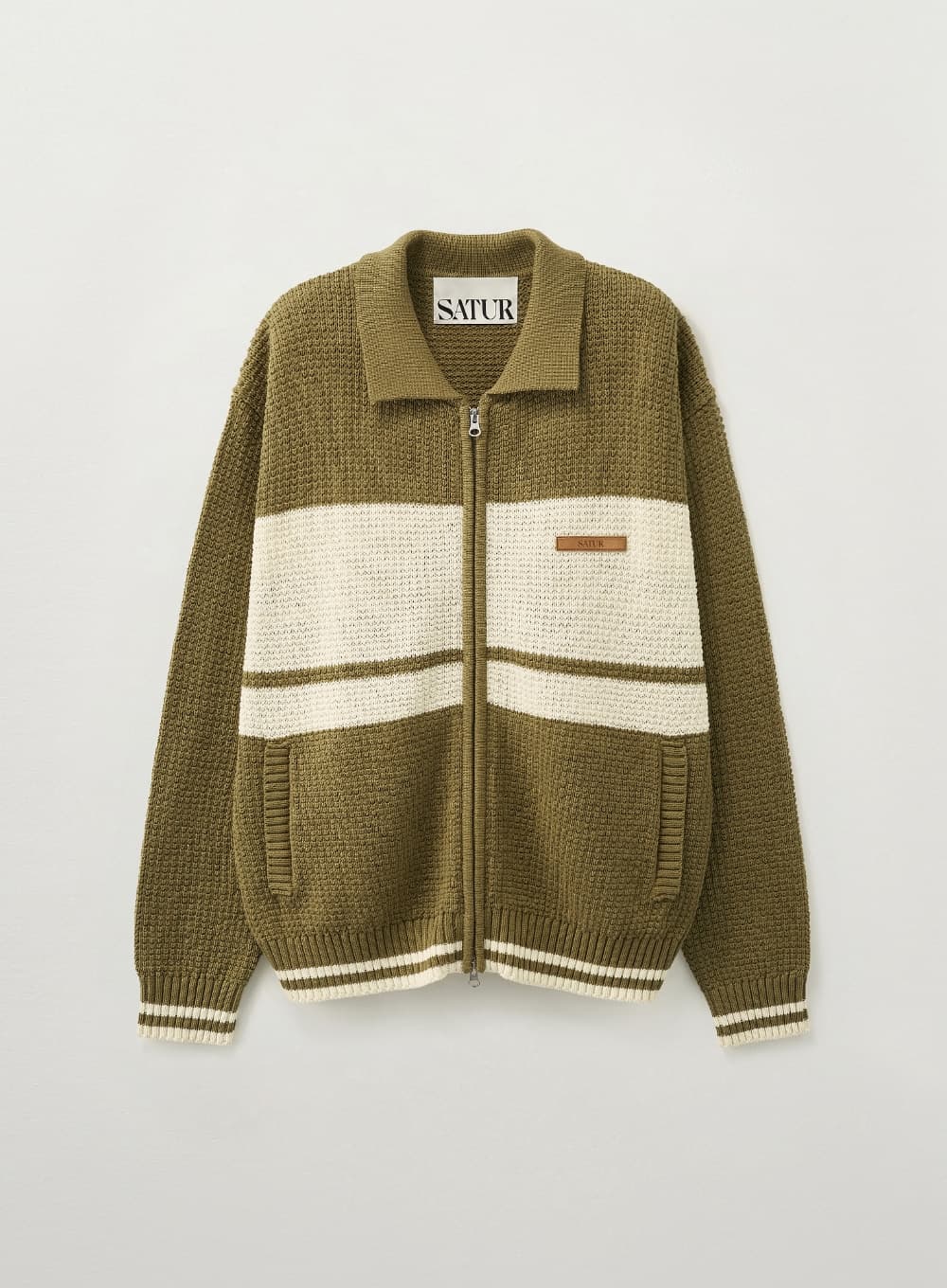 Color Block Knit Zip-up - Olive Green