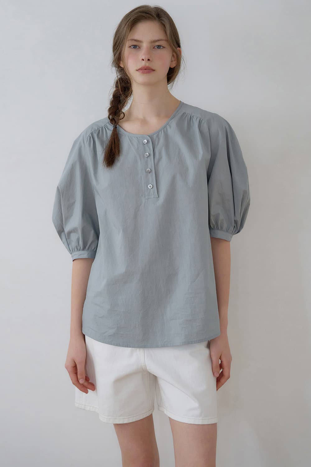 Volume-sleeve henley neck blouse Misty blue [N6MBL06]