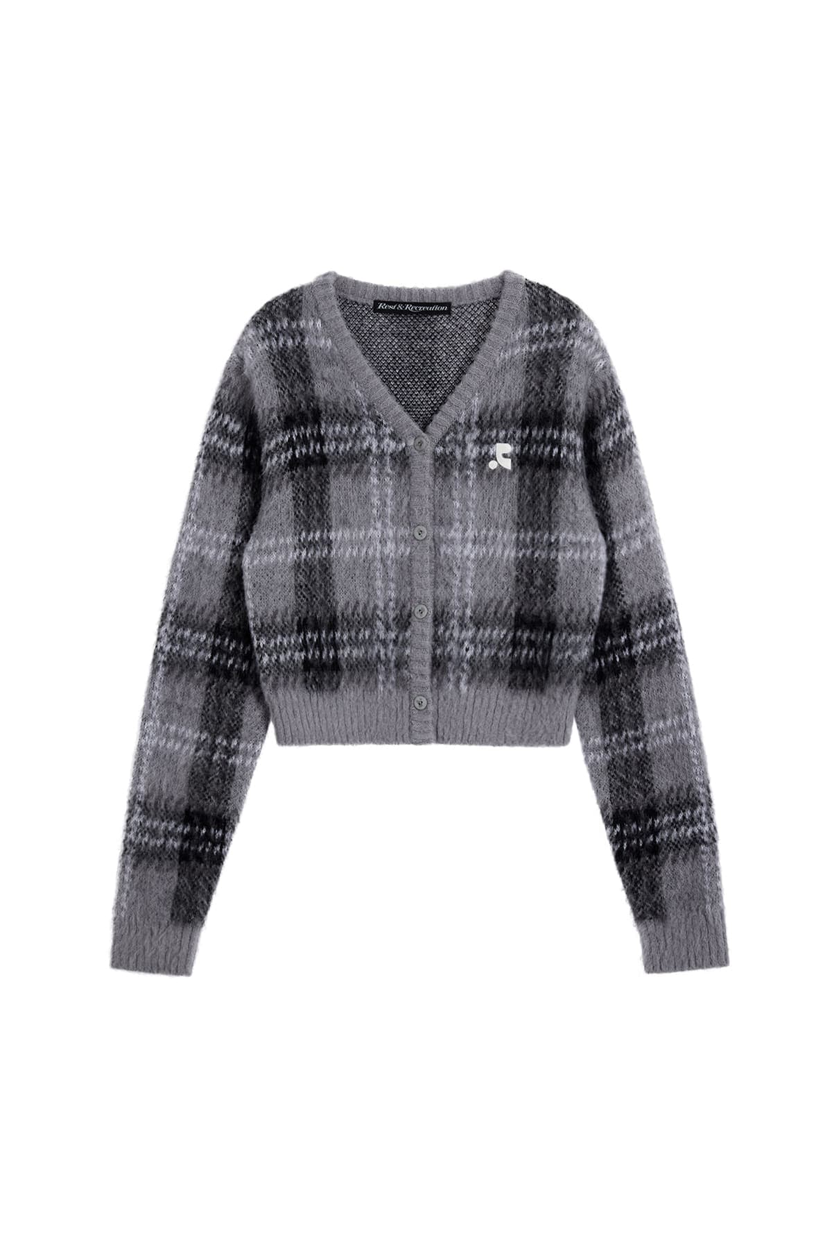 CHECK PATTERN HAIRY KNIT CARDIGAN - GREY