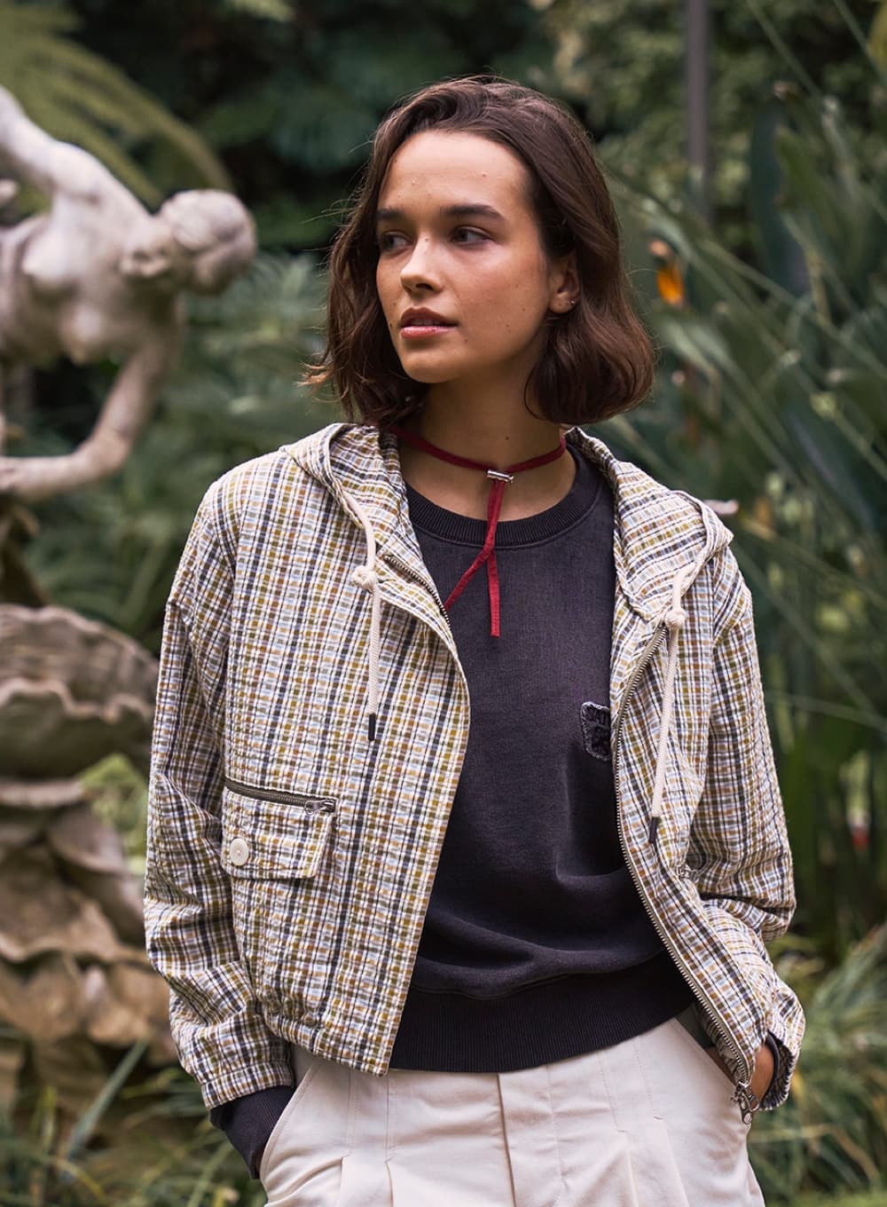 (W) Crop Hood Check Jacket - Olive Green