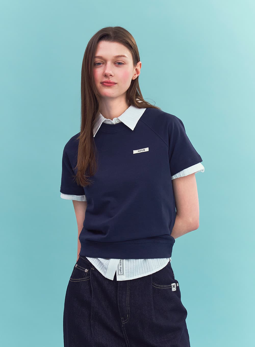 (W) Basic Half Sweatshirt - Navy