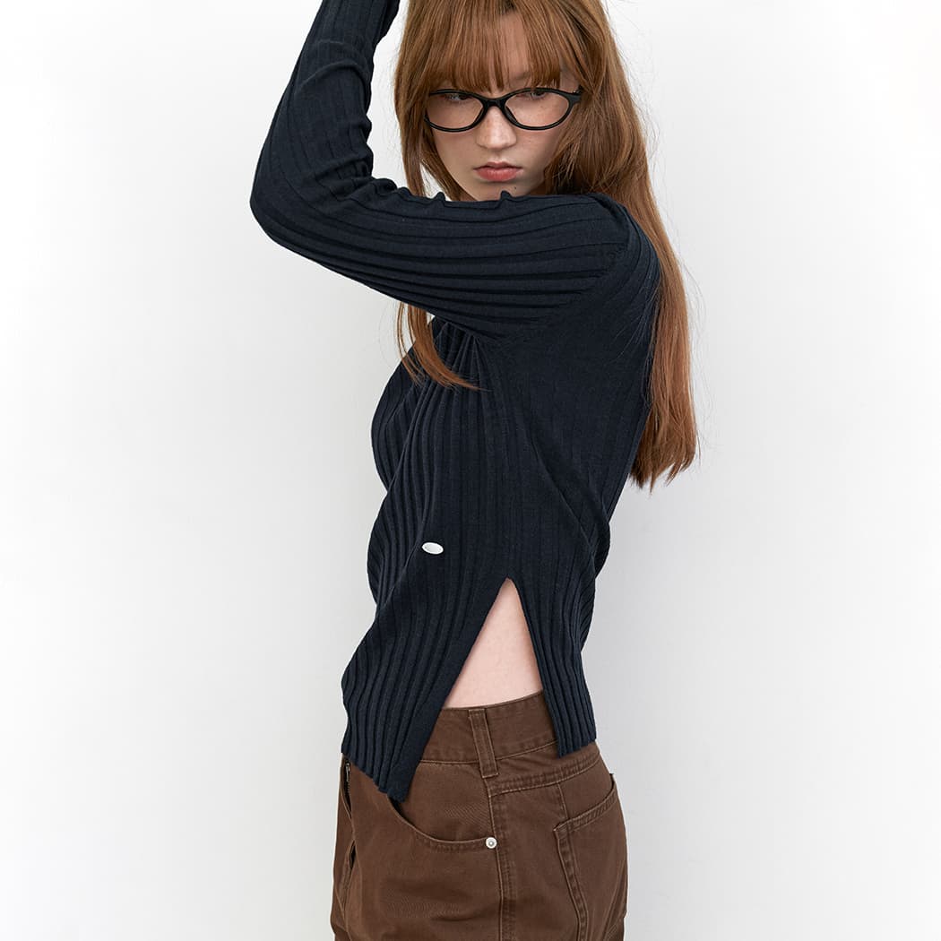(T-7182)SLIT DETAIL SHEER RIBBED SLIM KNIT