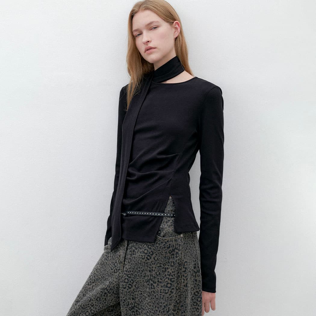 (Z-T-7084)TIE WAIST TUCK LONG SLEEVE S